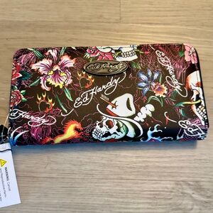 Nwt Ed Hardy Black Zipper Wallet W/ Wrist Strap Roses Cowboy Skull Print Y2K